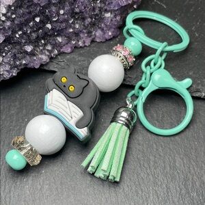 Artisan Mint and White Keychain with Cat Keychain Charm
